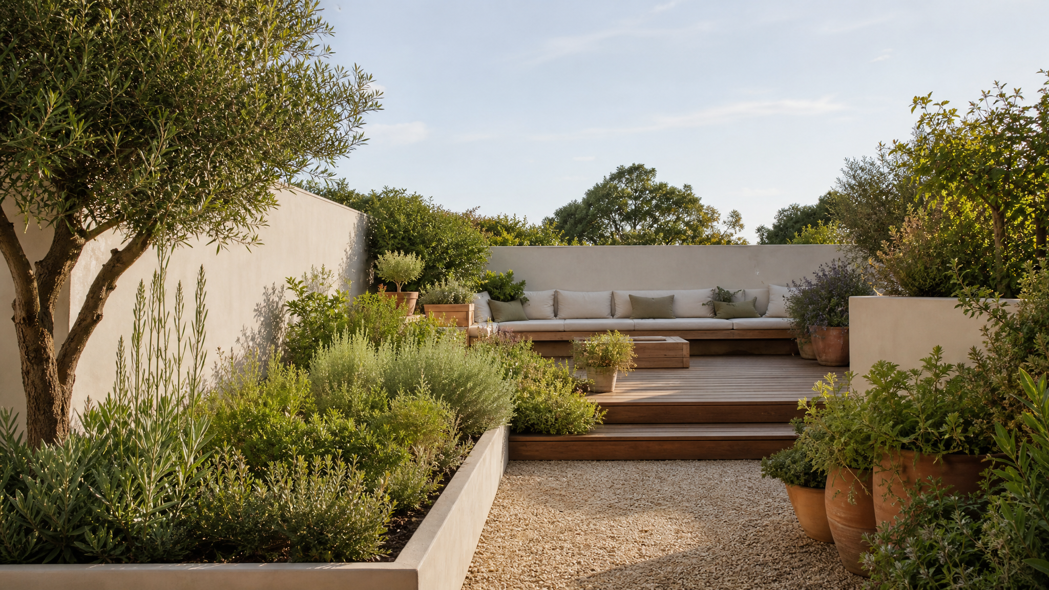 The same garden transformed with a timber deck, raised beds and layered planting